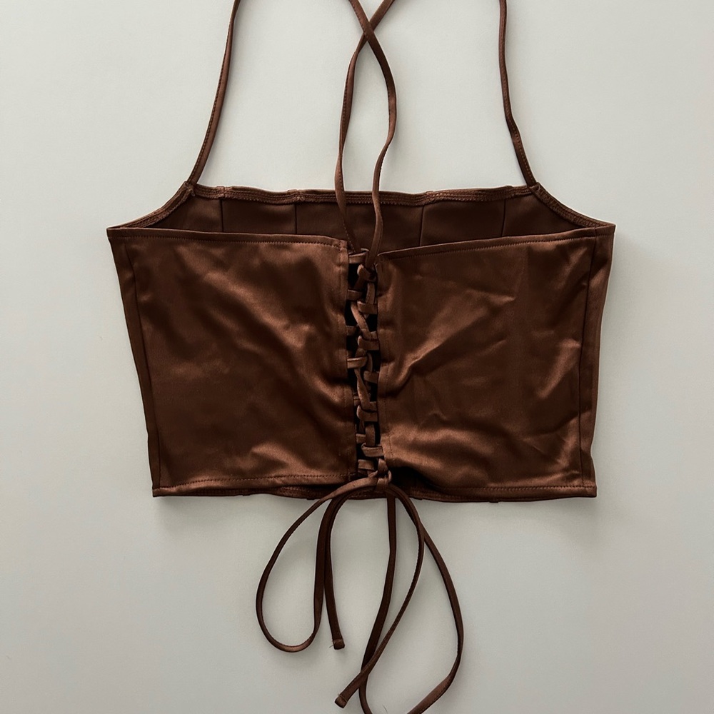 Divided Brown Sleeveless Crop Top with Tie Front